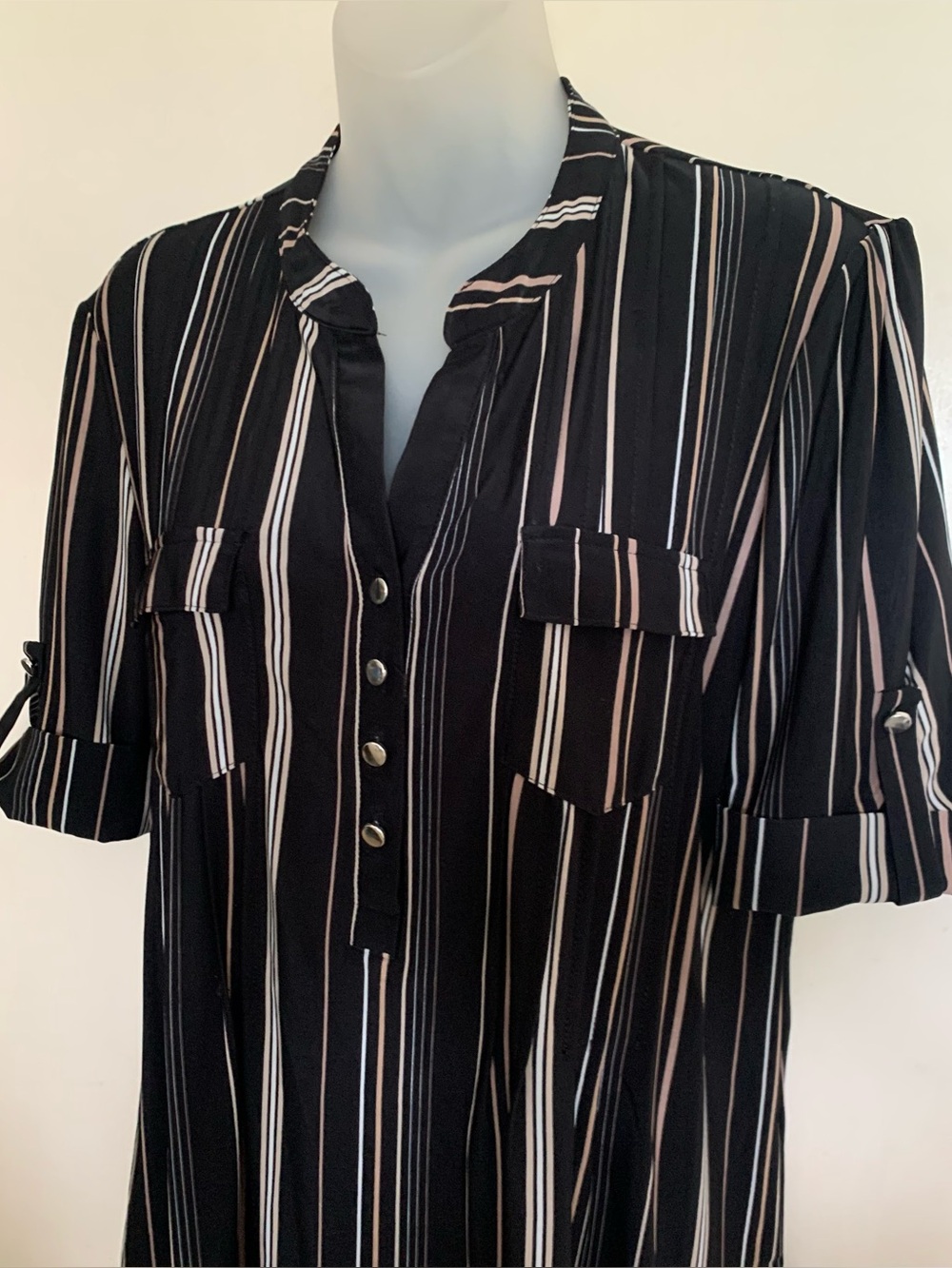 Cocomo Shirt Blouse 3/4 Tab Sleeve Striped PETITE Size PL.